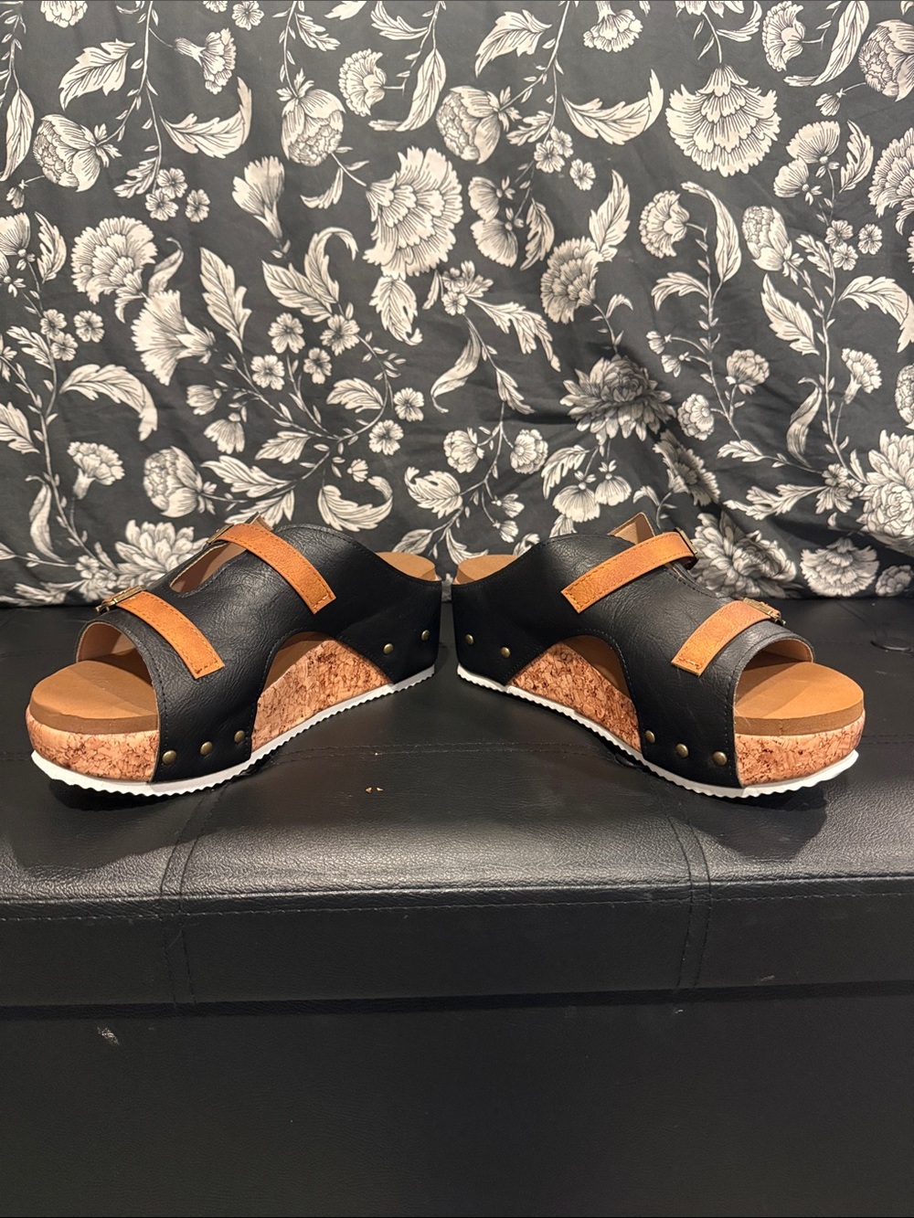 Black and Tan Cork Wedge Slide Sandals
